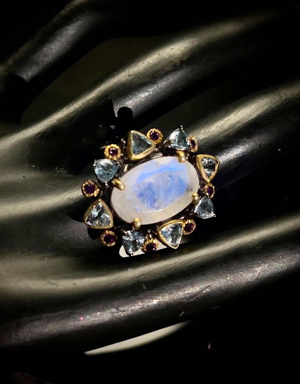 7 ct Rainbow Moonstone Ring, Aquamarine Amethyst Halo, Sterling Silver Size 8